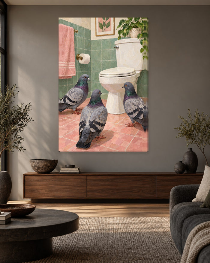 Pigeon Bathroom Wall Art - Three Pigeons Gathered Around the Toilet, Tall Pink and Sage Canvas - Gallery Canvas - 38mm / 48 x 32 / Unframed preview