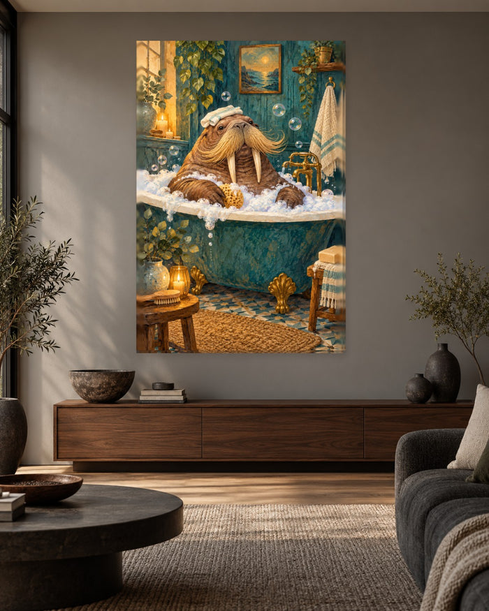 Walrus Bathroom Wall Art - Walrus with a Sponge in a Teal Roll-Top Bubble Bath, Tall Candlelit Canvas - Gallery Canvas - 38mm / 48 x 32 / Unframed preview