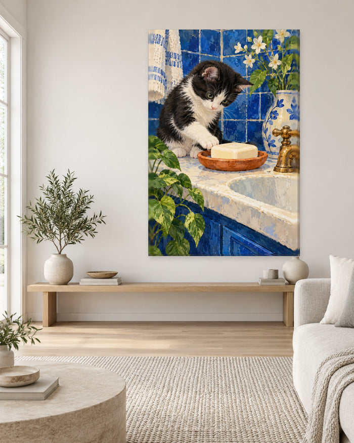 Kitten Bathroom Wall Art - Black and White Kitten Pawing a Bar of Soap, Tall Cobalt Blue Tile Canvas - Gallery Canvas - 38mm / 48 x 32 / Unframed preview