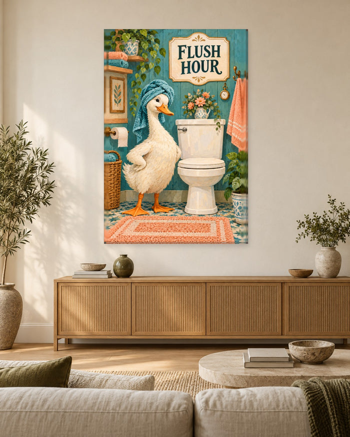Flush Hour Bathroom Wall Art - White Duck in a Towel Turban by the Toilet, Tall Teal and Coral Canvas - Gallery Canvas - 38mm / 48 x 32 / Unframed preview