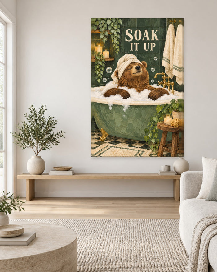 Soak It Up Bathroom Wall Art - Brown Bear in a Towel Turban in a Bubble Bath, Tall Forest Green Canvas - Gallery Canvas - 38mm / 48 x 32 / Unframed preview