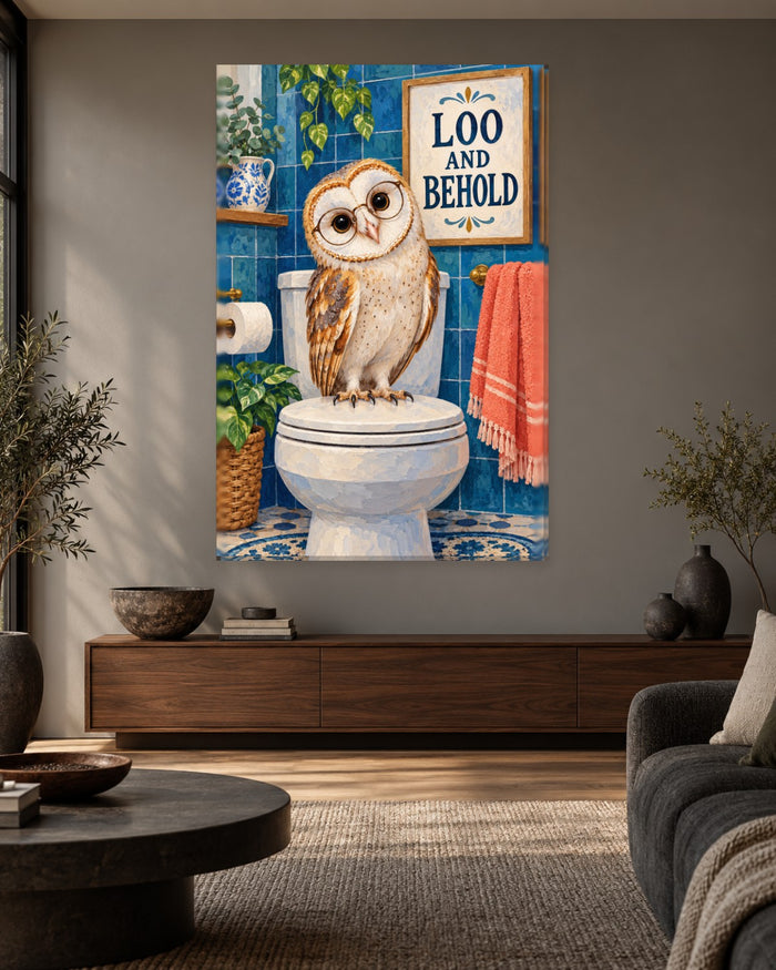 Loo and Behold Bathroom Wall Art - Barn Owl in Round Glasses on the Toilet, Tall Cobalt Blue Canvas - Gallery Canvas - 38mm / 48 x 32 / Unframed preview