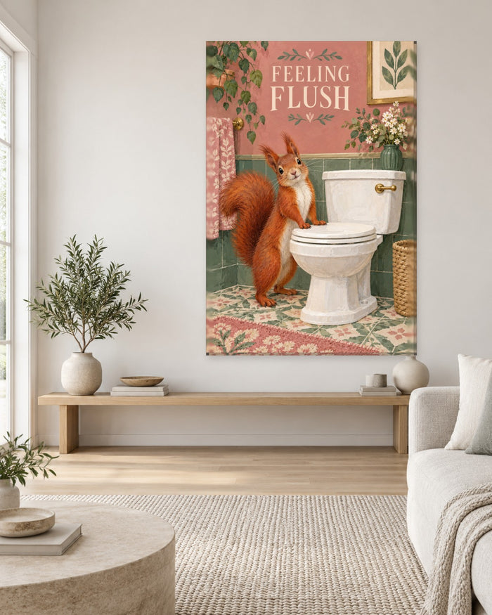 Feeling Flush Bathroom Wall Art - Red Squirrel Leaning on the Toilet Seat, Tall Dusty Pink and Sage Canvas - Gallery Canvas - 38mm / 48 x 32 / Unframed preview