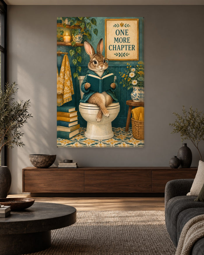 One More Chapter Bathroom Wall Art - Rabbit in Glasses Reading on the Loo, Tall Teal and Mustard Canvas - Gallery Canvas - 38mm / 48 x 32 / Unframed preview