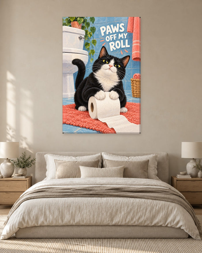 Cat Bathroom Wall Art - Tuxedo Cat Guarding the Toilet Roll on a Coral Mat, Tall Blue Tile Canvas - Gallery Canvas - 38mm / 48 x 32 / Unframed preview