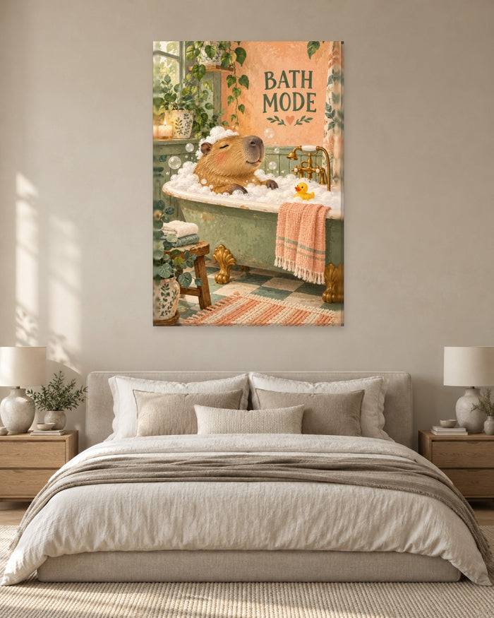 Capybara Bathroom Wall Art - Capybara in a Bubble Bath with a Rubber Duck, Tall Sage and Peach Canvas - Gallery Canvas - 38mm / 48 x 32 / Unframed preview
