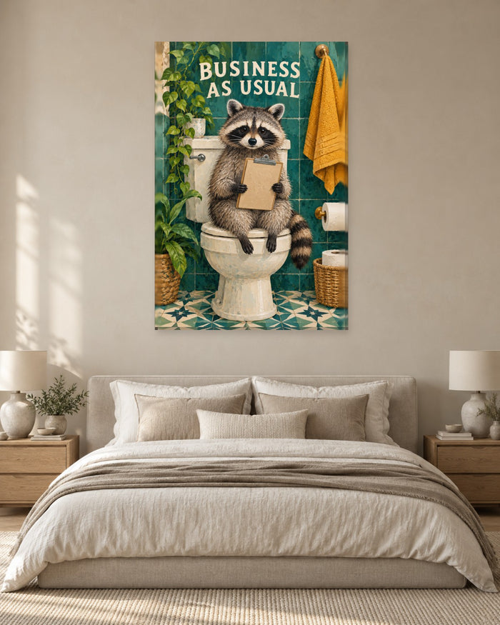 Raccoon Bathroom Wall Art - Raccoon on the Loo Holding a Clipboard, Tall Teal Tile Canvas - Gallery Canvas - 38mm / 48 x 32 / Unframed preview
