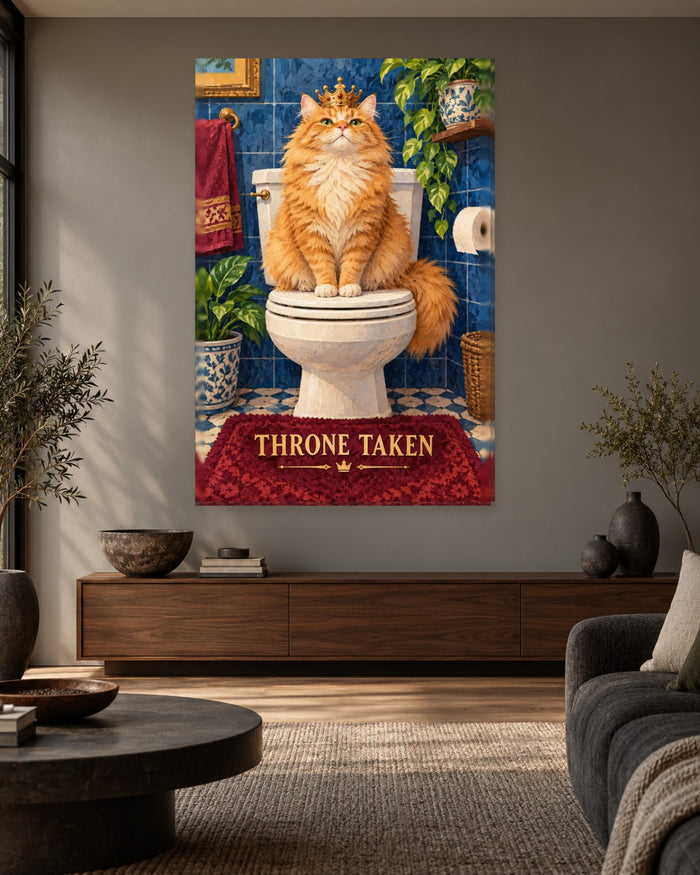 Ginger Cat Bathroom Wall Art - Fluffy Cat in a Crown on the Toilet, Tall Royal Blue Tile Canvas - Gallery Canvas - 38mm / 48 x 32 / Unframed preview
