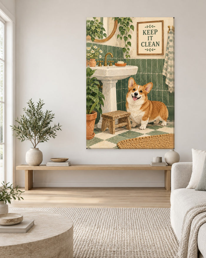 Corgi Bathroom Wall Art - Smiling Corgi by the Sink and Step Stool, Tall Sage Green Tile Canvas - Gallery Canvas - 38mm / 48 x 32 / Unframed preview