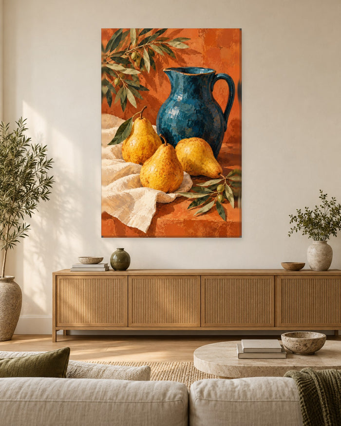 Pear Wall Art - Golden Pears by a Petrol Blue Jug with Olive Sprigs, Tall Terracotta Kitchen Canvas - Gallery Canvas - 38mm / 48 x 32 / Unframed preview