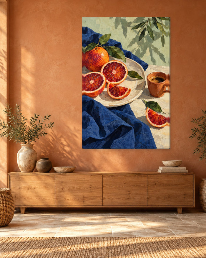 Blood Orange Wall Art - Sliced Blood Oranges and an Espresso Cup on Navy Linen, Tall Sage Kitchen Canvas - Gallery Canvas - 38mm / 48 x 32 / Unframed preview