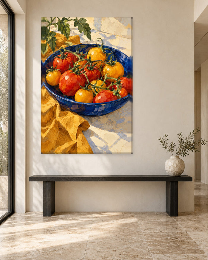 Tomato Wall Art - Red and Yellow Vine Tomatoes in a Cobalt Blue Bowl, Tall Sunny Kitchen Canvas - Gallery Canvas - 38mm / 48 x 32 / Unframed preview