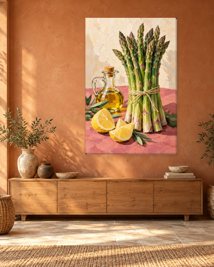 Asparagus Wall Art - Tied Asparagus Bundle with Lemons and Olive Oil, Tall Pink and Cream Kitchen Canvas - Gallery Canvas - 38mm / 48 x 32 / Unframed preview