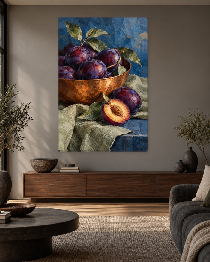 Plum Wall Art - Dark Plums in a Copper Bowl with a Halved Plum on Linen, Tall Navy Blue Kitchen Canvas - Gallery Canvas - 38mm / 48 x 32 / Unframed preview