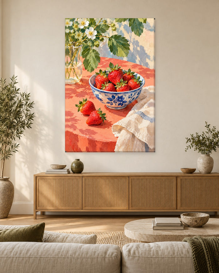 Strawberry Wall Art - Strawberries in a Blue and White China Bowl with Blossom, Tall Coral Kitchen Canvas - Gallery Canvas - 38mm / 48 x 32 / Unframed preview