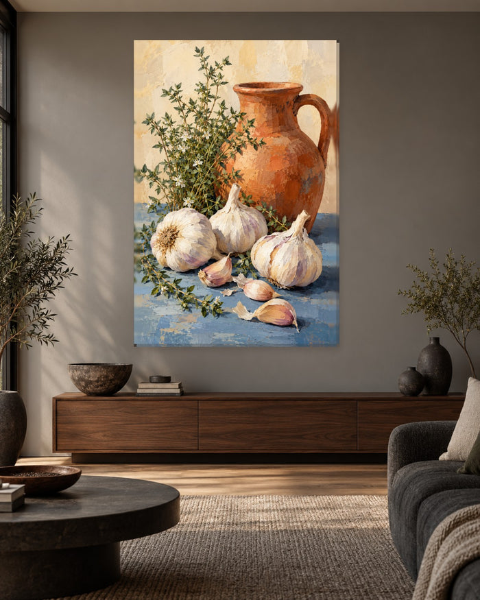 Garlic Wall Art - Garlic Bulbs and Thyme by a Terracotta Jug, Tall Blue and Cream Kitchen Canvas - Gallery Canvas - 38mm / 48 x 32 / Unframed preview