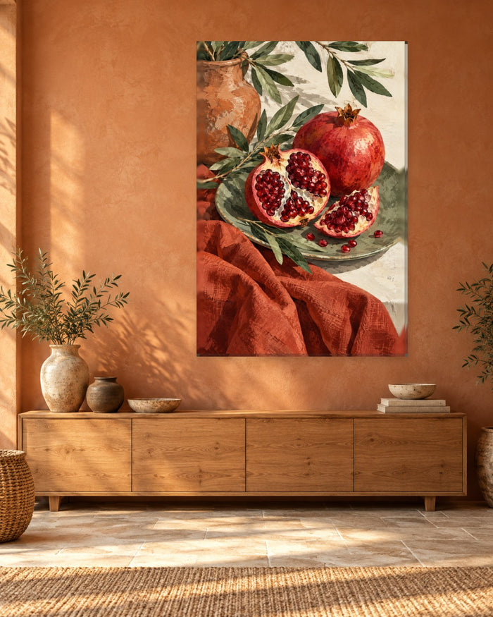 Pomegranate Wall Art - Split Pomegranates on a Sage Plate with Olive Leaves, Tall Rust Red Kitchen Canvas - Gallery Canvas - 38mm / 48 x 32 / Unframed preview