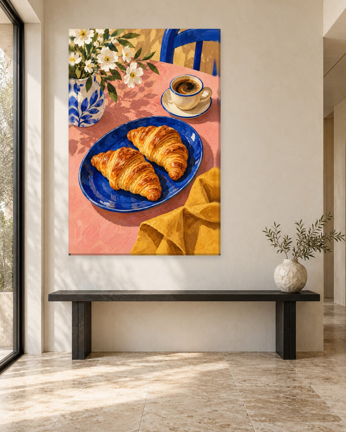 Croissant Wall Art - Two Croissants on a Cobalt Plate with Coffee and Daisies, Tall Pink Caf- Canvas - Gallery Canvas - 38mm / 48 x 32 / Unframed preview