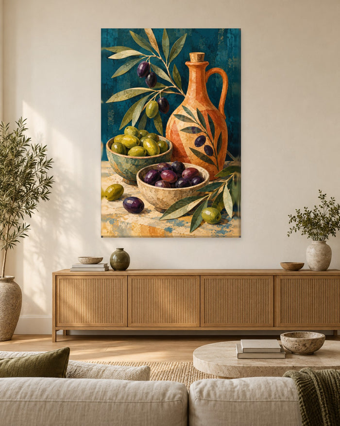 Olive Wall Art - Green and Black Olives in Bowls by a Terracotta Oil Bottle, Tall Teal Mediterranean Canvas - Gallery Canvas - 38mm / 48 x 32 / Unframed preview