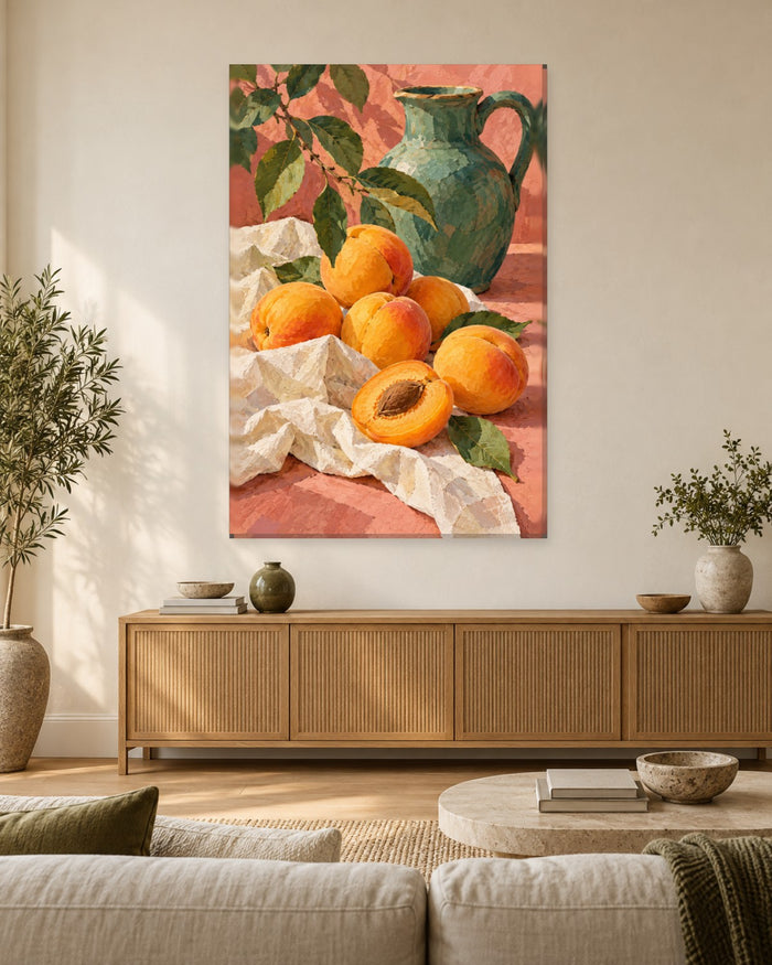 Apricot Wall Art - Ripe Apricots on White Linen by a Green Jug, Tall Peach Pink Kitchen Canvas - Gallery Canvas - 38mm / 48 x 32 / Unframed preview
