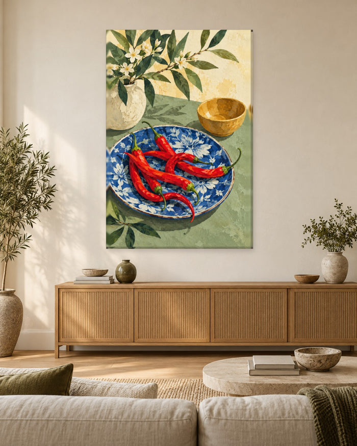 Chilli Wall Art - Red Chillies on a Blue and White Floral Plate, Tall Sage Green Kitchen Canvas - Gallery Canvas - 38mm / 48 x 32 / Unframed preview