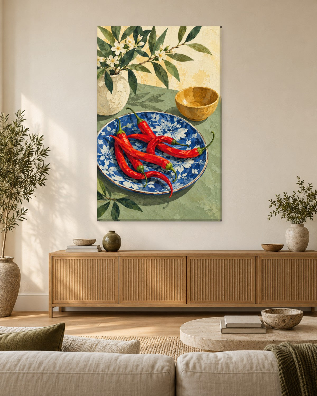 Chilli Wall Art - Red Chillies on a Blue and White Floral Plate, Tall Sage Green Kitchen Canvas - Gallery Canvas - 38mm / 48 x 32 / Unframed preview
