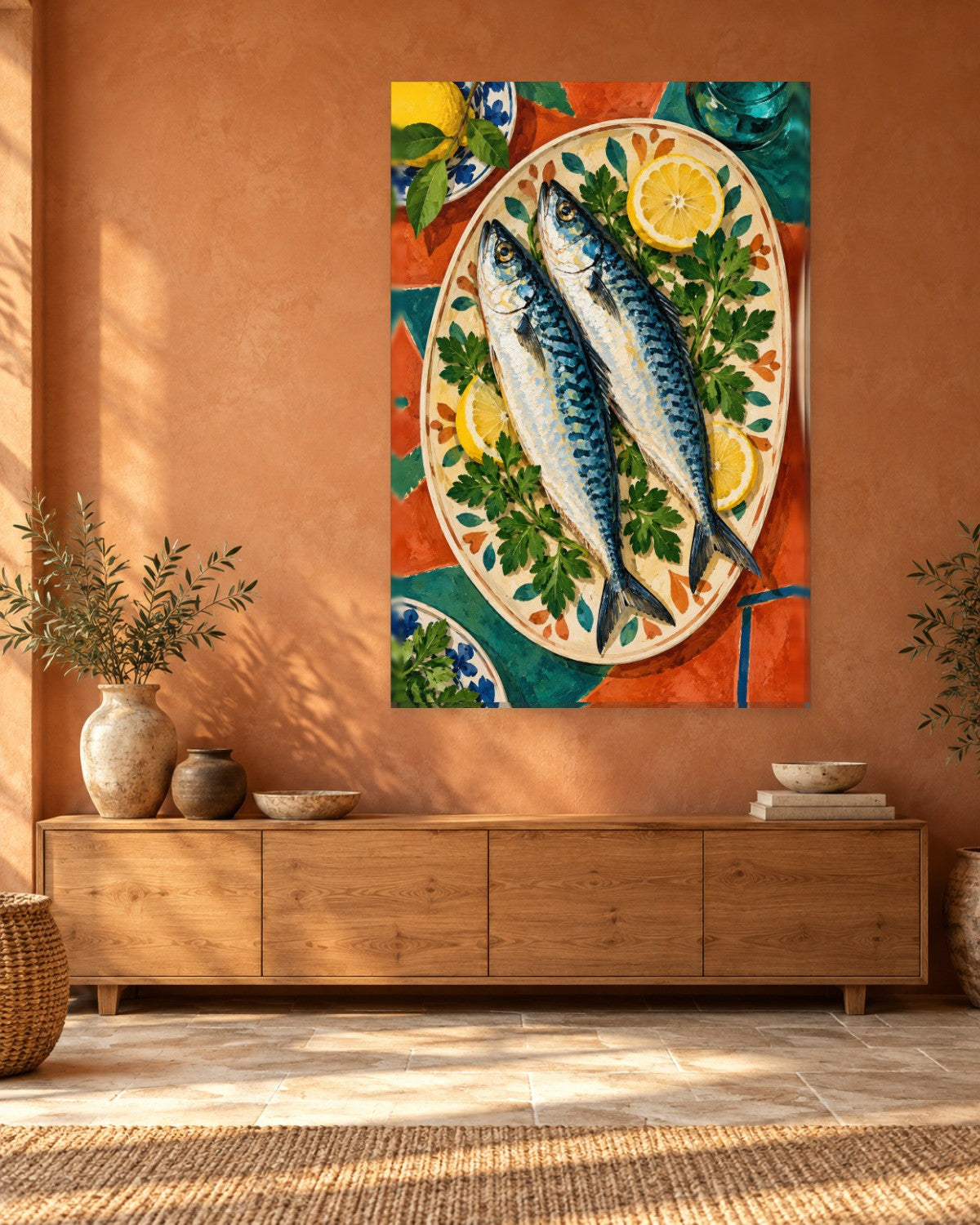 Mackerel Wall Art - Two Mackerel with Lemon and Parsley on a Painted Platter, Tall Orange and Teal Canvas - Gallery Canvas - 38mm / 48 x 32 / Unframed preview