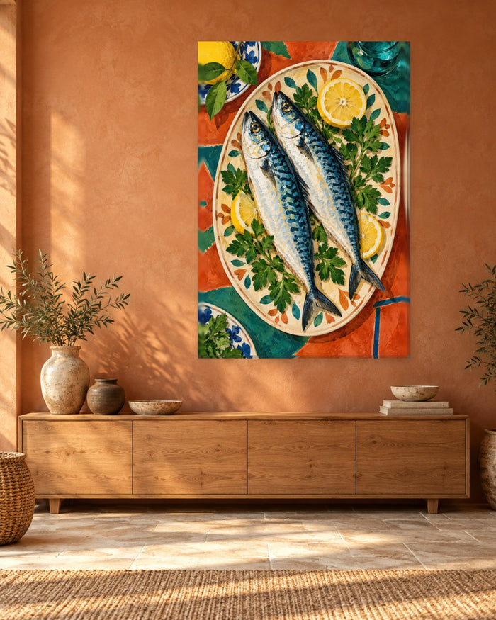 Mackerel Wall Art - Two Mackerel with Lemon and Parsley on a Painted Platter, Tall Orange and Teal Canvas - Gallery Canvas - 38mm / 48 x 32 / Unframed preview