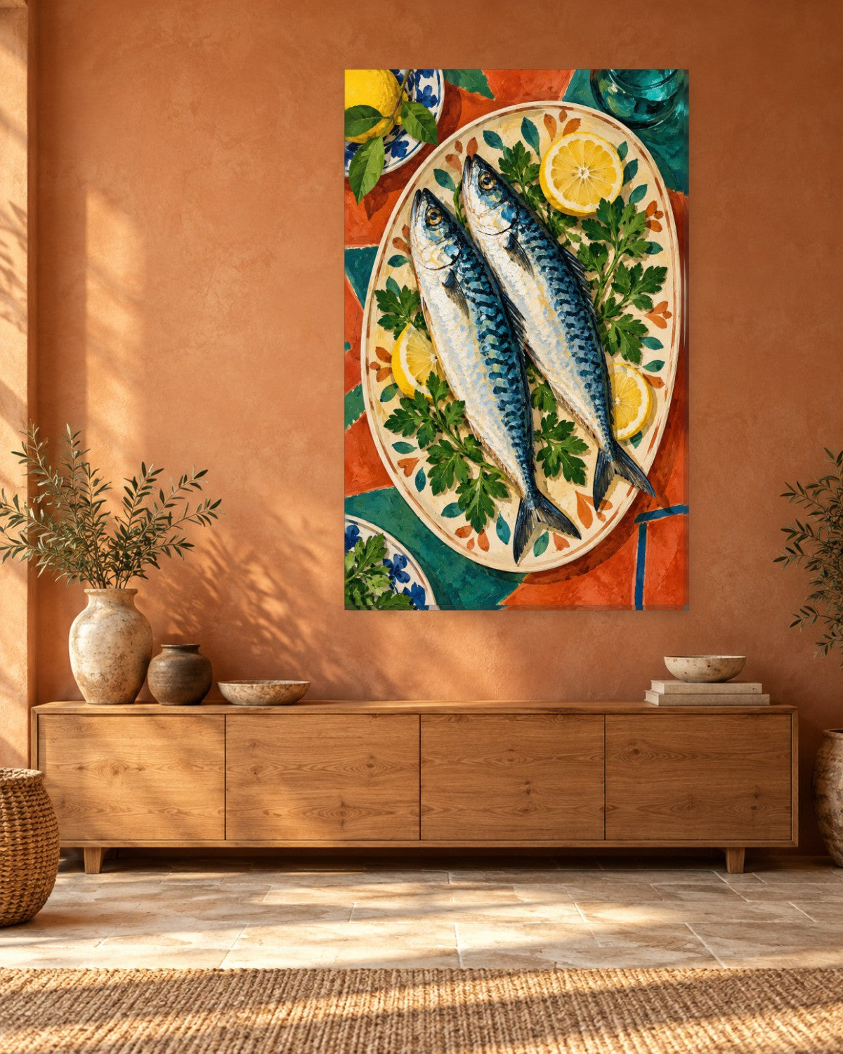 Mackerel Wall Art - Two Mackerel with Lemon and Parsley on a Painted Platter, Tall Orange and Teal Canvas - Gallery Canvas - 38mm / 48 x 32 / Unframed preview