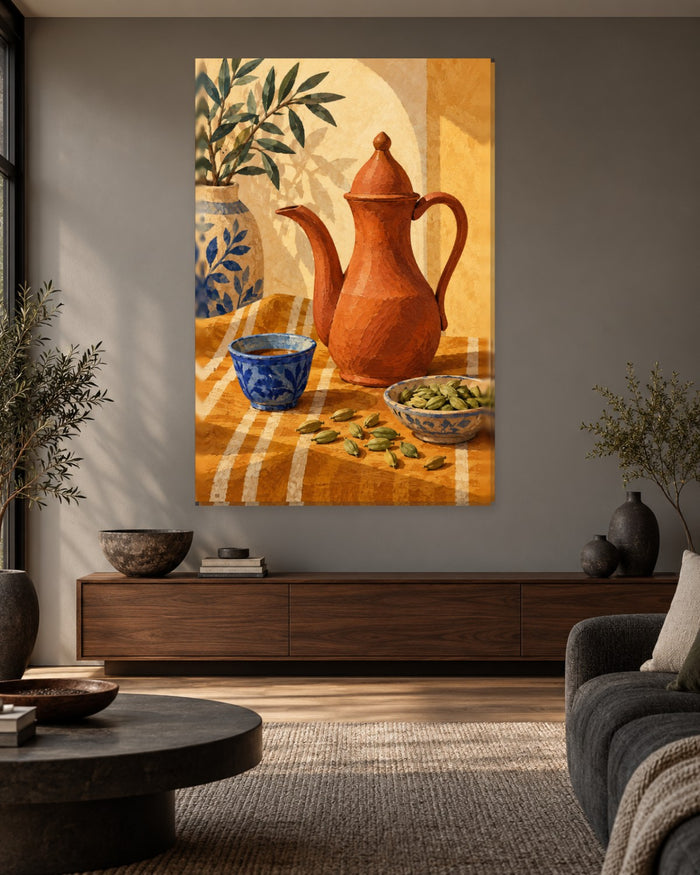 Coffee Wall Art - Terracotta Coffee Pot with Green Cardamom Pods and a Blue Cup, Tall Mustard Canvas - Gallery Canvas - 38mm / 48 x 32 / Unframed preview
