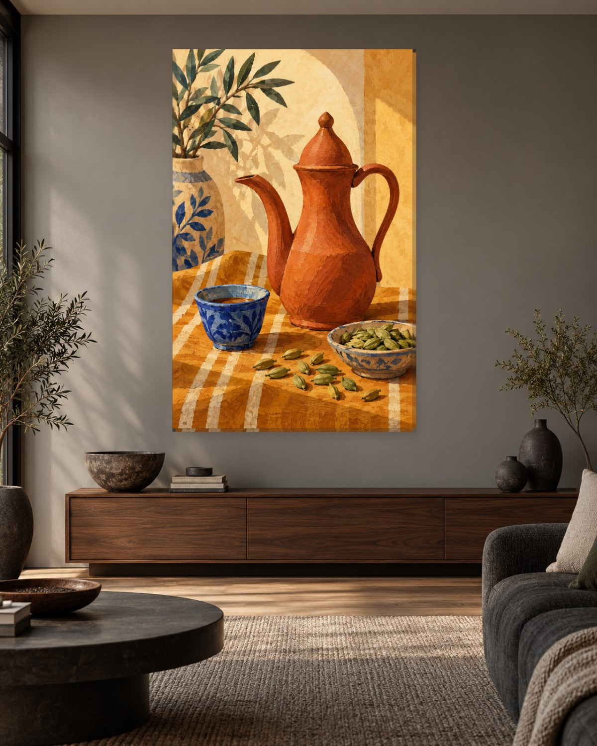 Coffee Wall Art - Terracotta Coffee Pot with Green Cardamom Pods and a Blue Cup, Tall Mustard Canvas - Gallery Canvas - 38mm / 48 x 32 / Unframed preview
