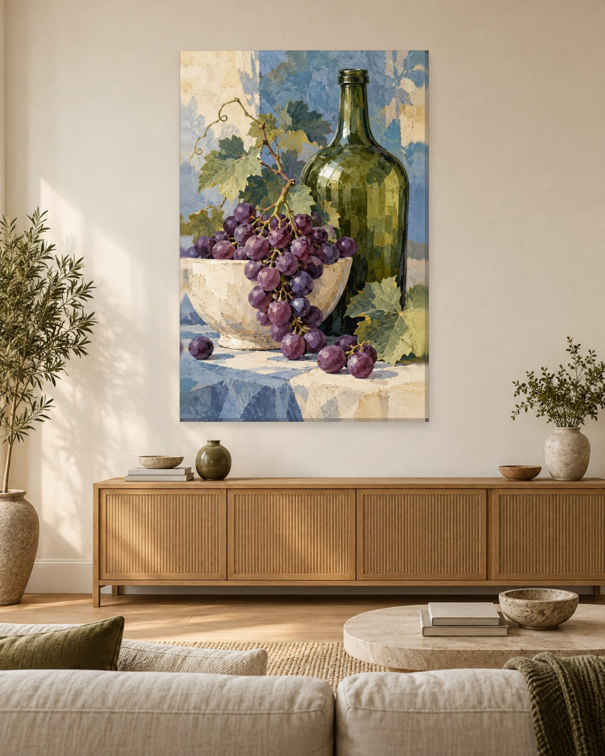 Grape Wall Art - Purple Grapes in a Cream Bowl by a Green Glass Bottle, Tall Blue Still Life Canvas - Gallery Canvas - 38mm / 48 x 32 / Unframed preview