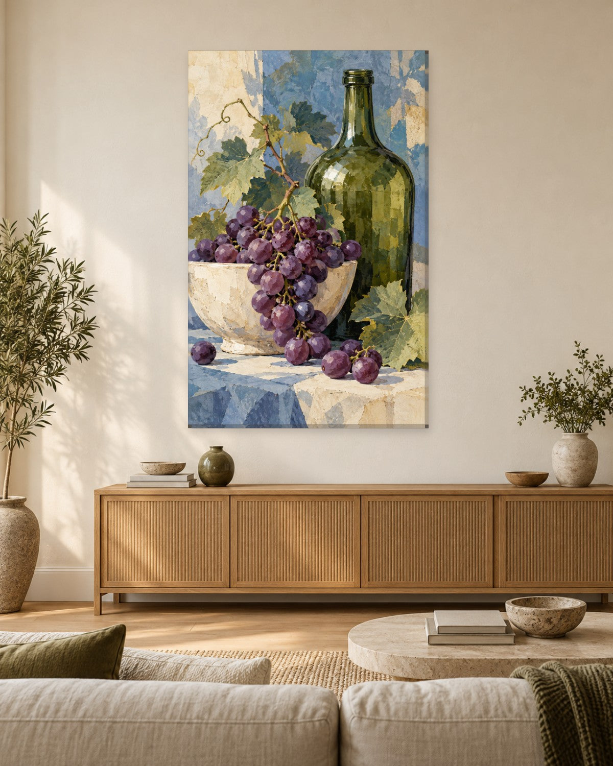Grape Wall Art - Purple Grapes in a Cream Bowl by a Green Glass Bottle, Tall Blue Still Life Canvas - Gallery Canvas - 38mm / 48 x 32 / Unframed preview