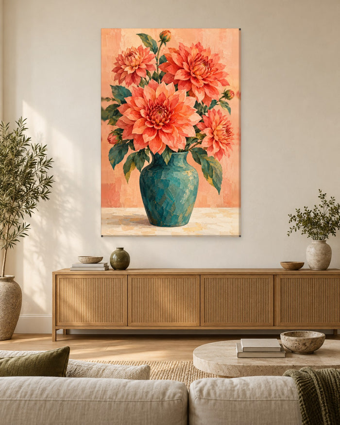 Dahlia Wall Art - Coral Dahlias in a Teal Vase on Warm Peach, Tall Floral Still Life Canvas - Gallery Canvas - 38mm / 48 x 32 / Unframed preview