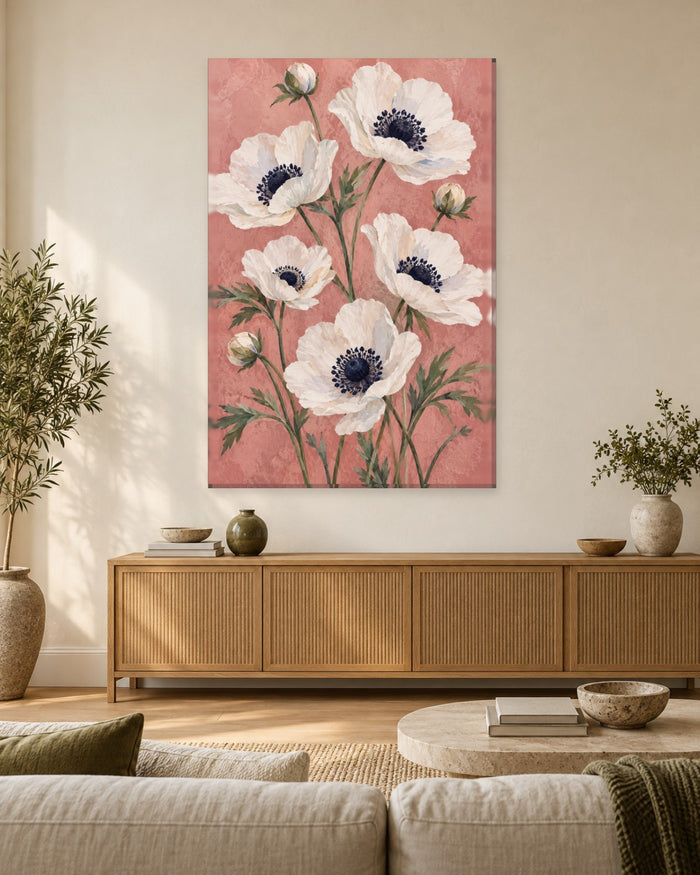 Anemone Wall Art - White Anemones with Navy Centres on Dusty Rose, Tall Pink Botanical Canvas - Gallery Canvas - 38mm / 48 x 32 / Unframed preview