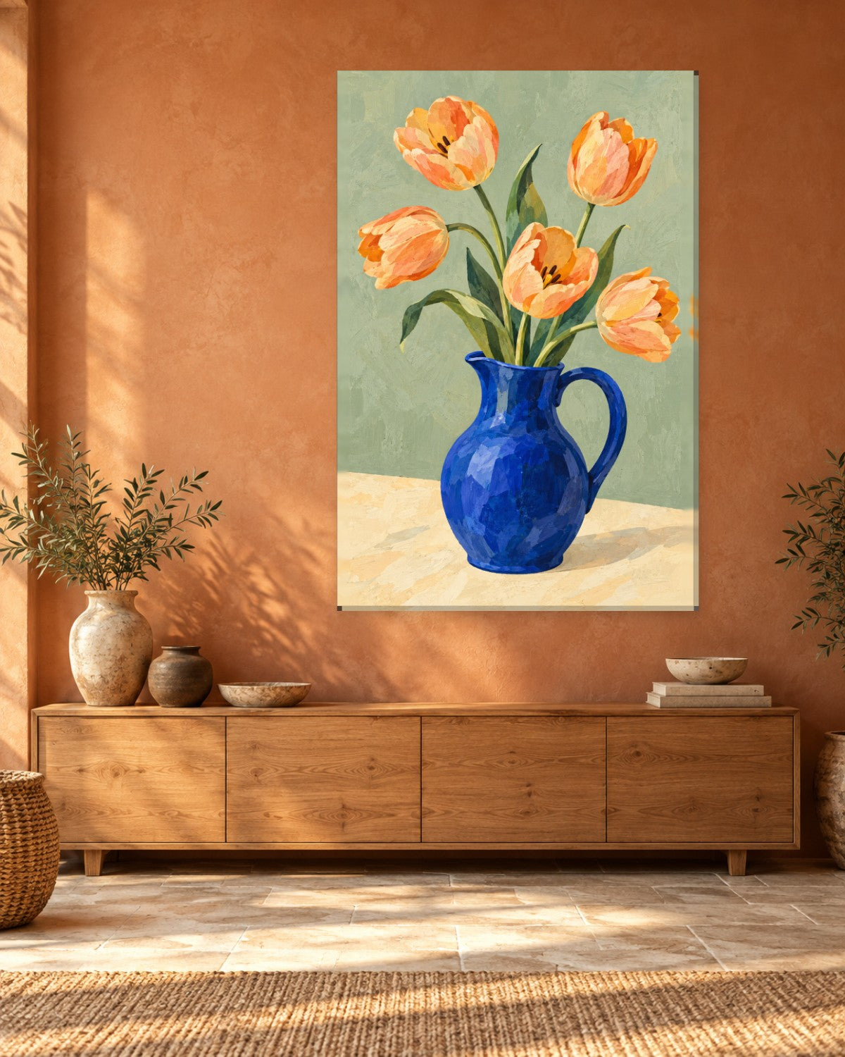 Tulip Wall Art - Apricot Tulips in a Cobalt Blue Jug on Sage Green, Tall Kitchen Still Life Canvas - Gallery Canvas - 38mm / 48 x 32 / Unframed preview
