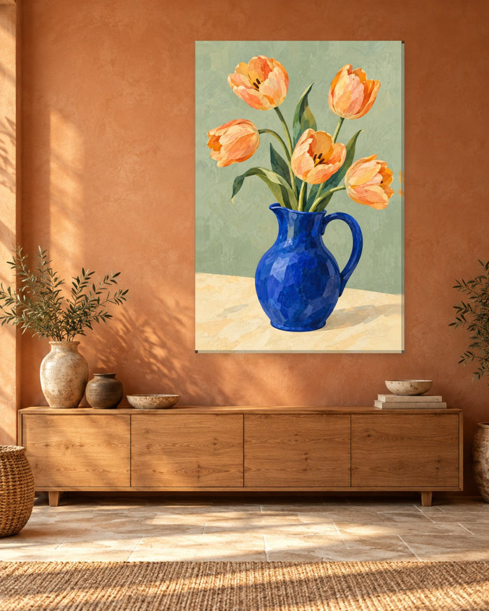 Tulip Wall Art - Apricot Tulips in a Cobalt Blue Jug on Sage Green, Tall Kitchen Still Life Canvas - Gallery Canvas - 38mm / 48 x 32 / Unframed preview