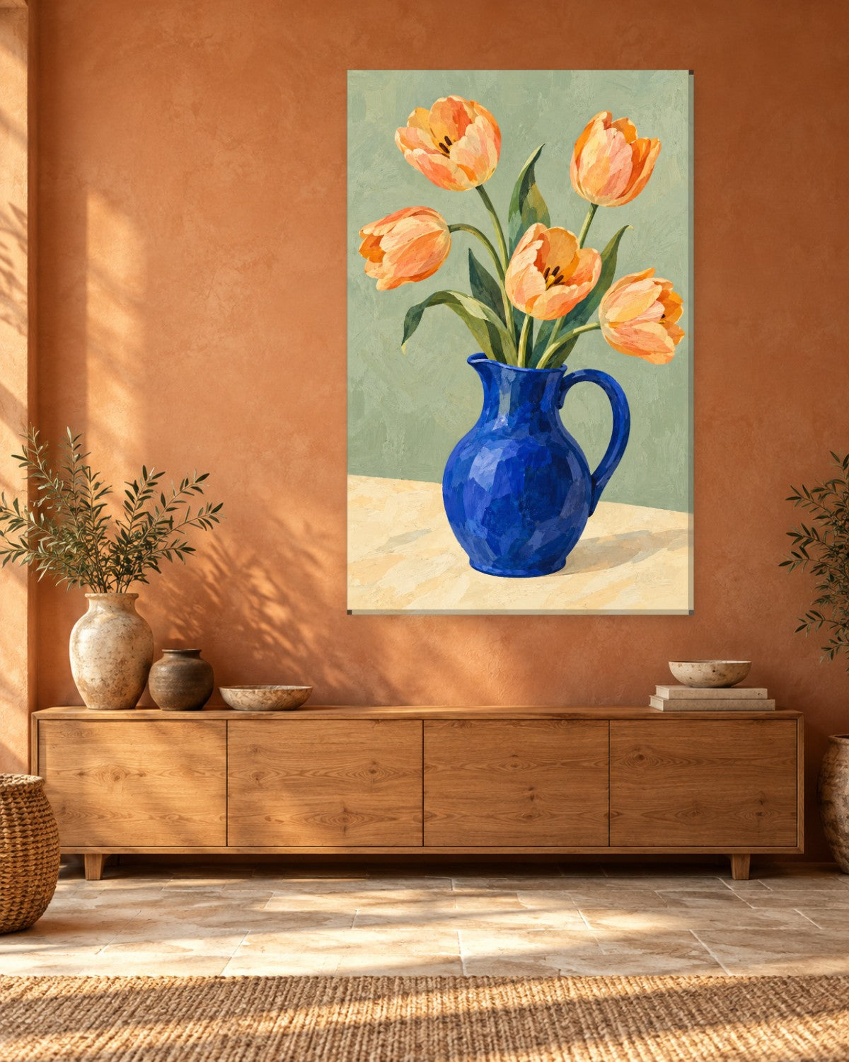 Tulip Wall Art - Apricot Tulips in a Cobalt Blue Jug on Sage Green, Tall Kitchen Still Life Canvas - Gallery Canvas - 38mm / 48 x 32 / Unframed preview