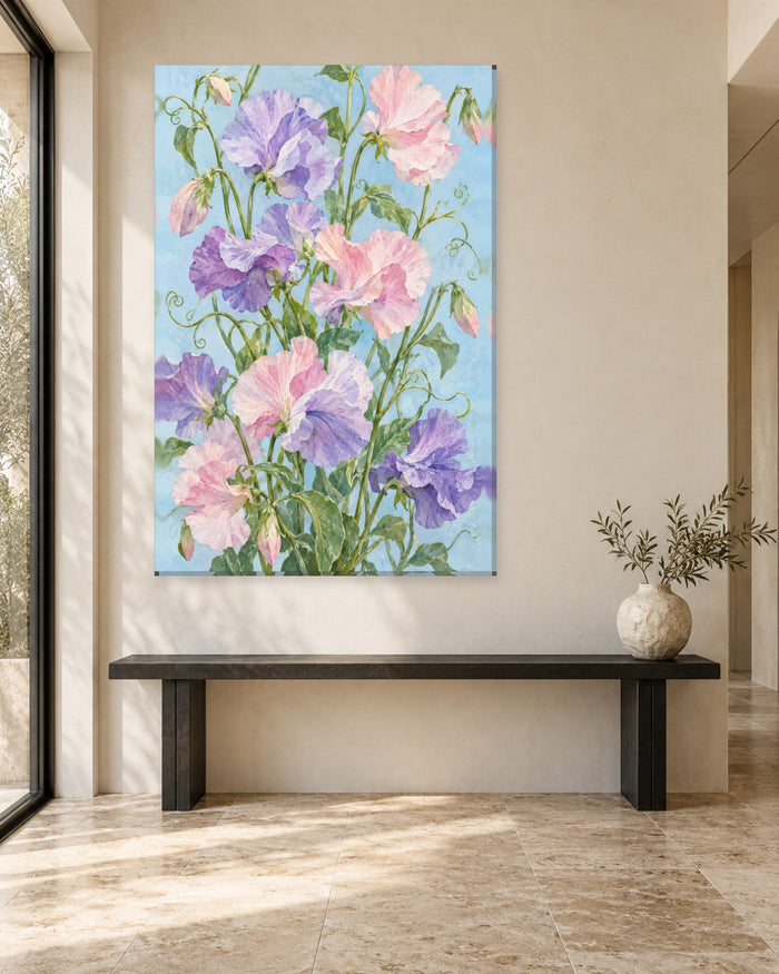 Sweet Pea Wall Art - Pink and Lilac Sweet Peas Climbing on Sky Blue, Tall Pastel Botanical Canvas - Gallery Canvas - 38mm / 48 x 32 / Unframed preview