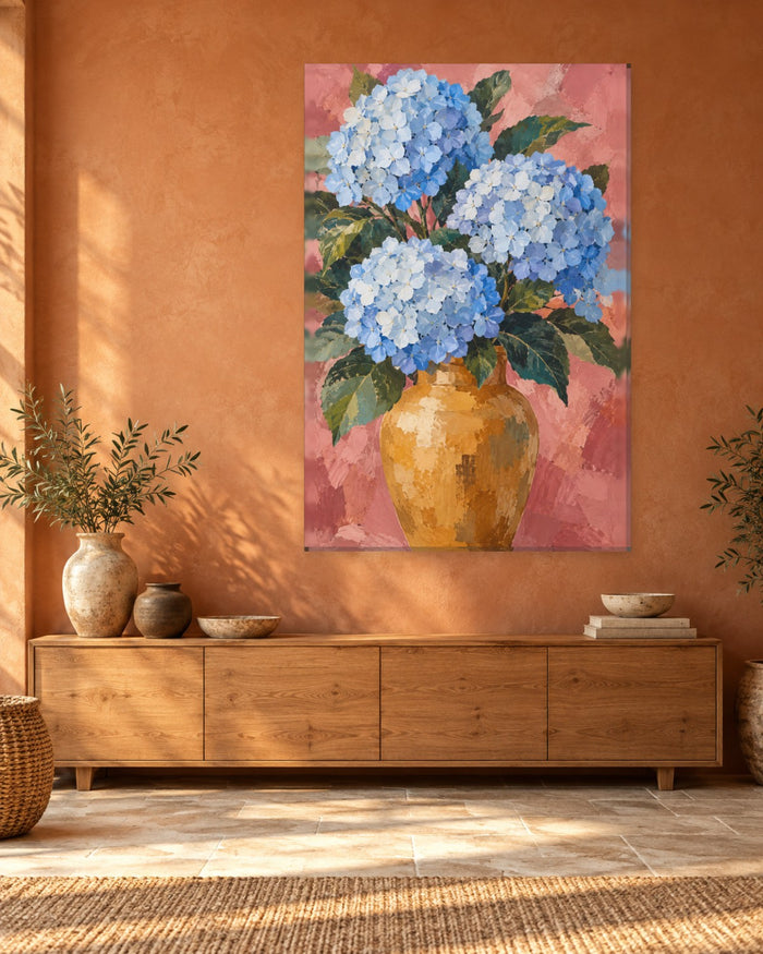 Hydrangea Wall Art - Blue Hydrangeas in an Ochre Vase on Coral Pink, Tall Floral Still Life Canvas - Gallery Canvas - 38mm / 48 x 32 / Unframed preview