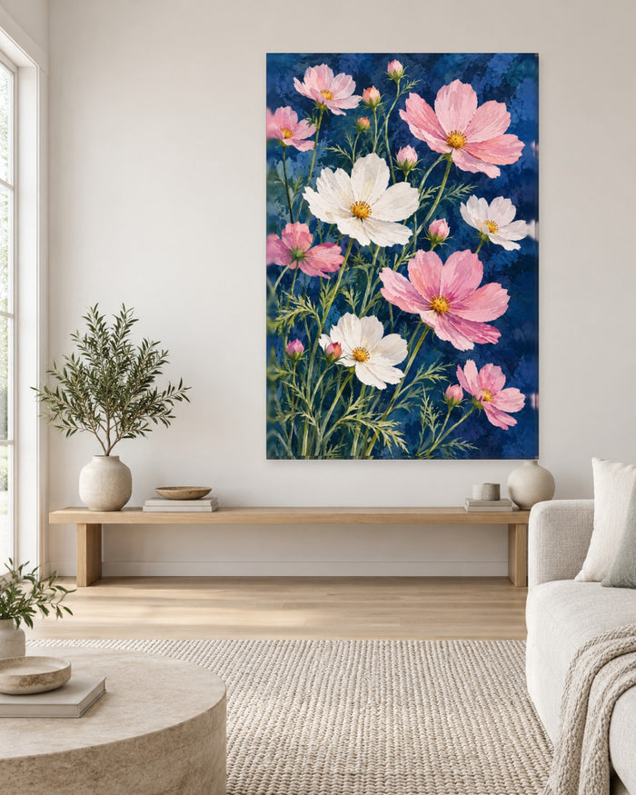 Cosmos Flower Wall Art - Pink and White Cosmos on Midnight Indigo, Tall Navy Botanical Canvas - Gallery Canvas - 38mm / 48 x 32 / Unframed preview