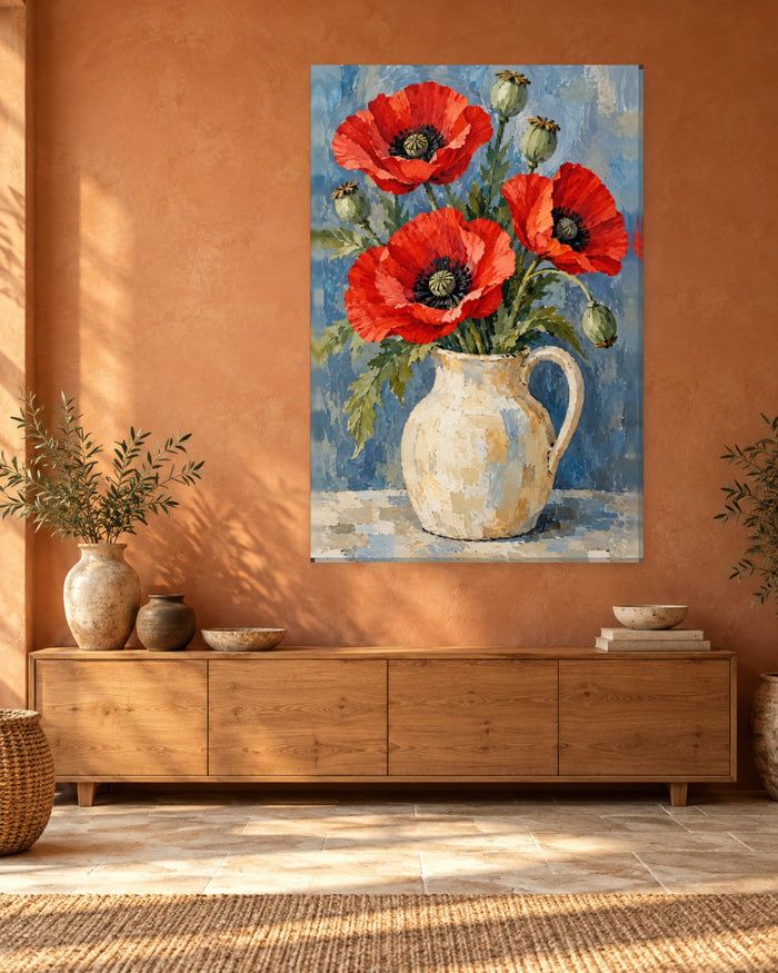 Red Poppy Wall Art - Scarlet Poppies and Seed Heads in a Cream Jug on Dusty Blue, Tall Still Life Canvas - Gallery Canvas - 38mm / 48 x 32 / Unframed preview