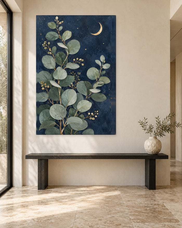 Eucalyptus Wall Art - Sage Eucalyptus Under a Gold-Tone Crescent Moon, Tall Navy Botanical Canvas - Gallery Canvas - 38mm / 48 x 32 / Unframed preview