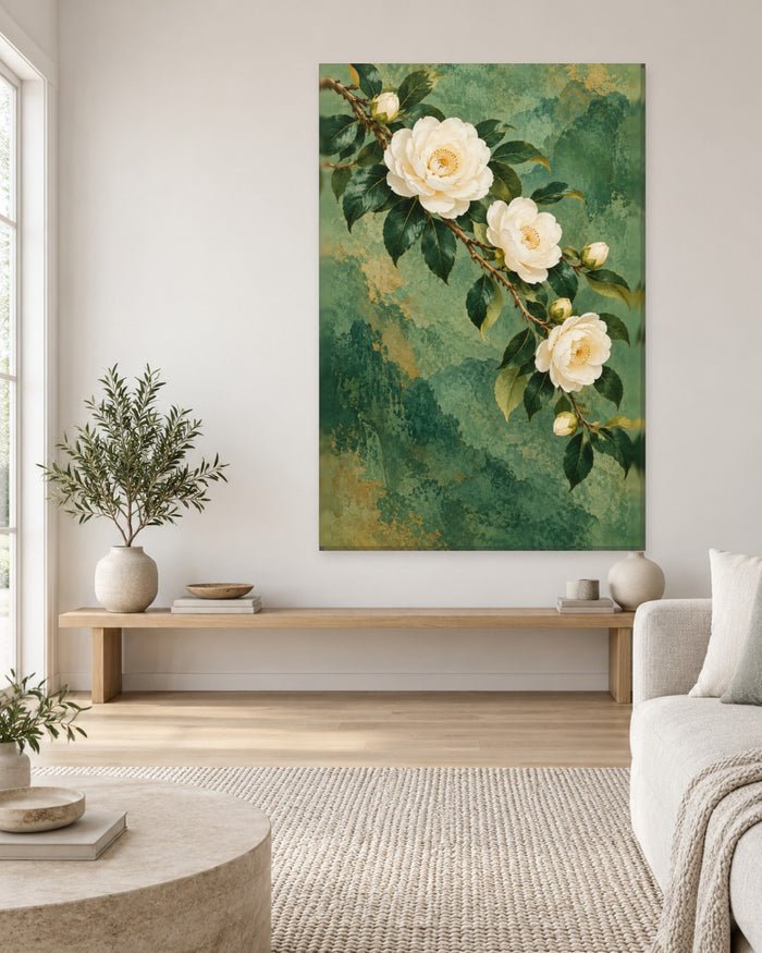 Camellia Wall Art - Ivory Camellias on a Flowering Branch over Jade Green, Tall Chinoiserie Canvas - Gallery Canvas - 38mm / 48 x 32 / Unframed preview