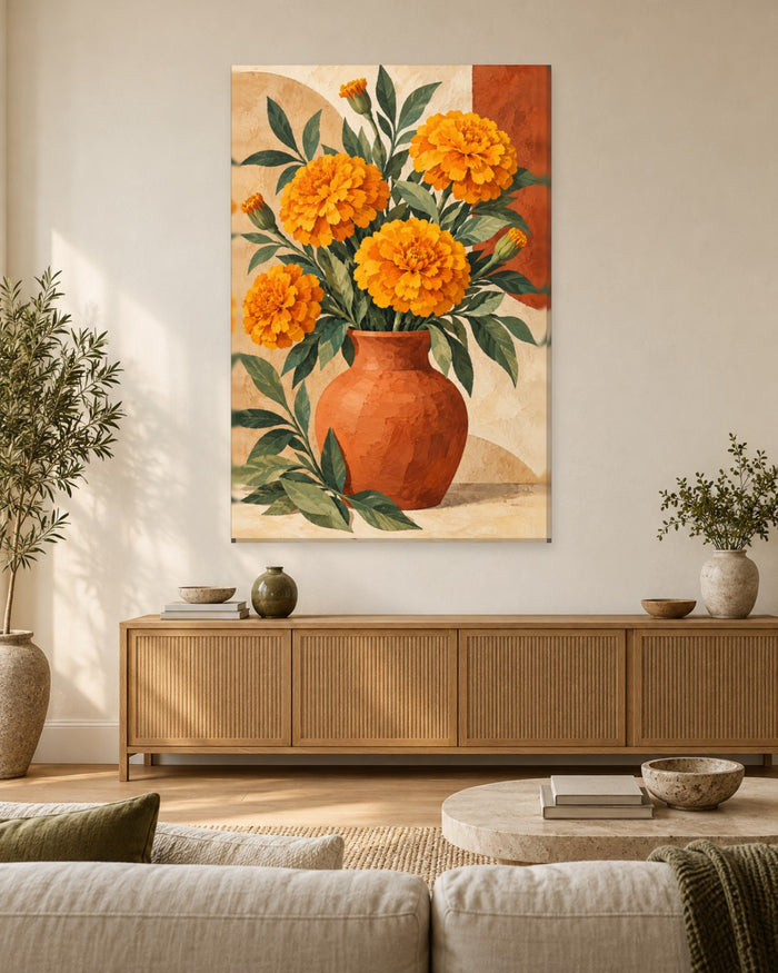 Marigold Wall Art - Orange Marigolds in a Terracotta Vase with Sandy Arches, Tall Boho Still Life Canvas - Gallery Canvas - 38mm / 48 x 32 / Unframed preview