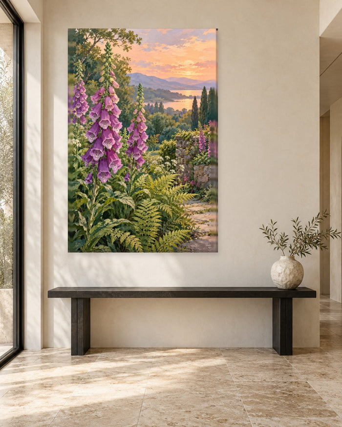 Foxglove Wall Art - Purple Foxgloves and Ferns in a Lakeside Garden at Sunset, Tall Cottage Garden Canvas - Gallery Canvas - 38mm / 48 x 32 / Unframed preview