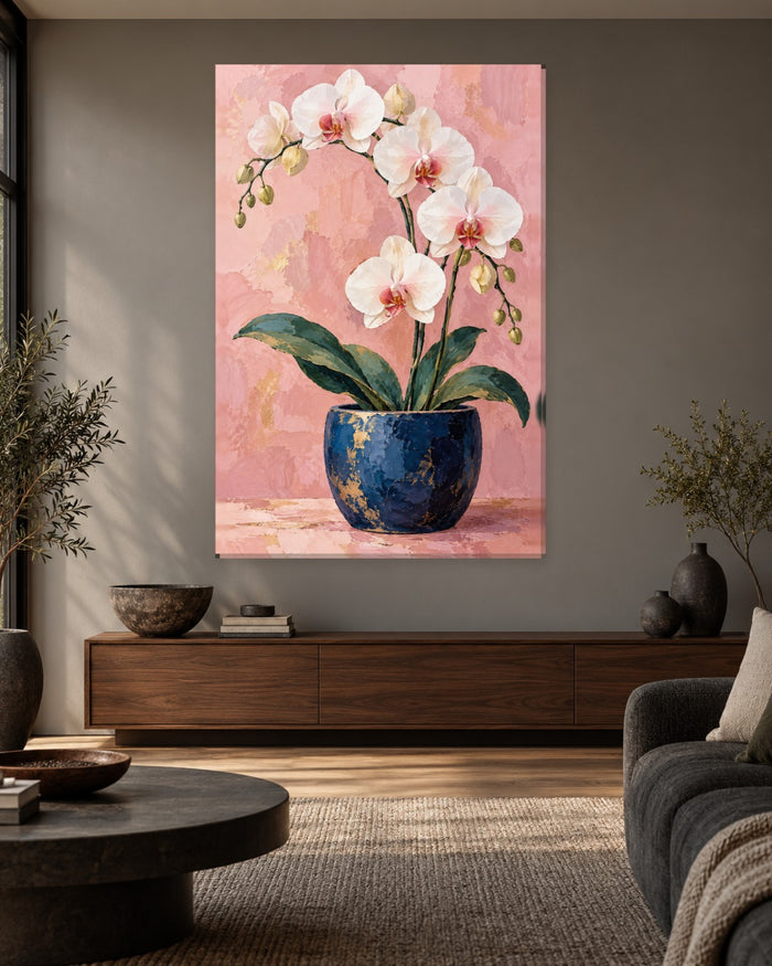 Orchid Wall Art - White Moth Orchid in a Gold-Flecked Navy Pot on Blush Pink, Tall Floral Still Life Canvas - Gallery Canvas - 38mm / 48 x 32 / Unframed preview