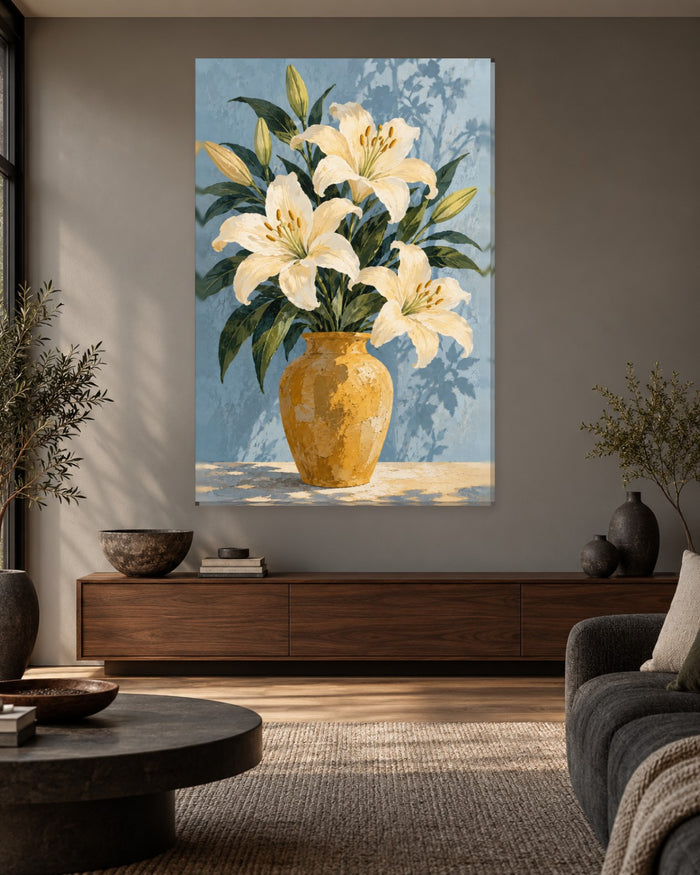 Lily Wall Art - White Lilies in an Ochre Vase with Leafy Shadows on Dusty Blue, Tall Still Life Canvas - Gallery Canvas - 38mm / 48 x 32 / Unframed preview