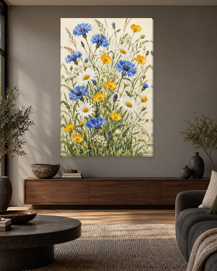 Wildflower Wall Art - Cornflowers, Daisies and Buttercups in Meadow Grass, Tall Cream Botanical Canvas - Gallery Canvas - 38mm / 48 x 32 / Unframed preview