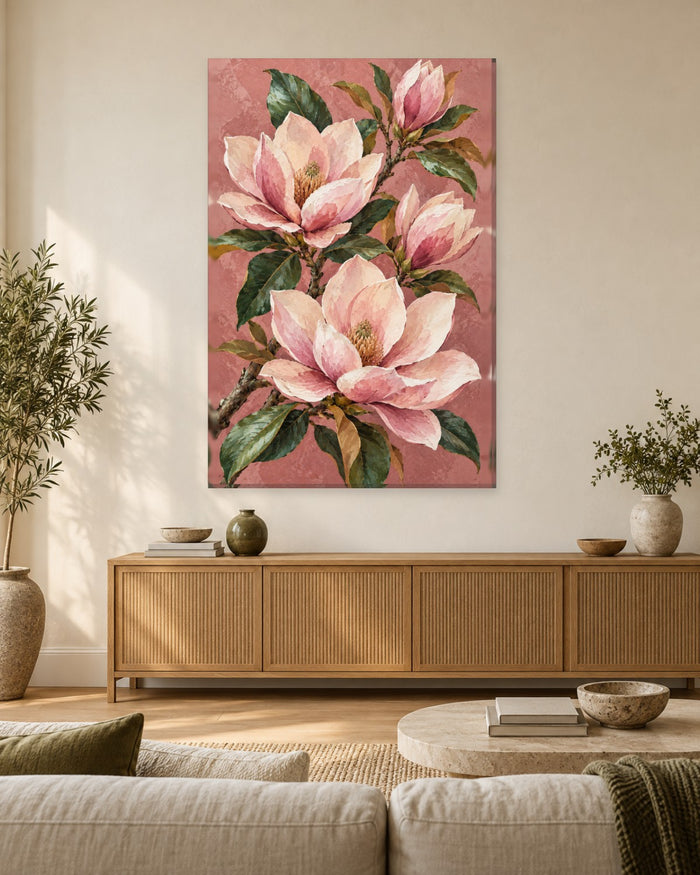 Magnolia Wall Art - Pink Magnolia Blossoms on a Leafy Branch over Dusty Rose, Tall Botanical Canvas - Gallery Canvas - 38mm / 48 x 32 / Unframed preview